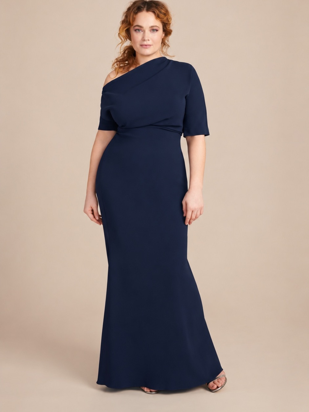 Badgley Mischka Navy One-Shoulder Evening Gown with Short Sleeve
